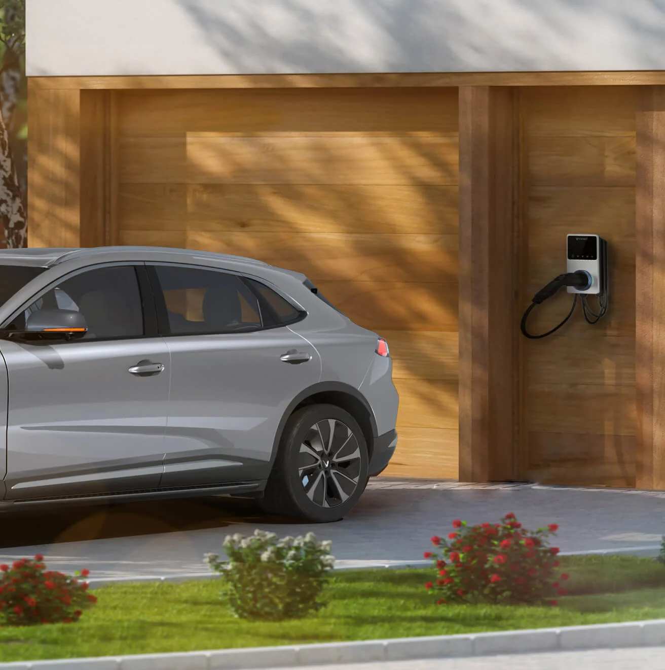 A gray VF 8 is parked at home near a garage with a VinFast Home Charger