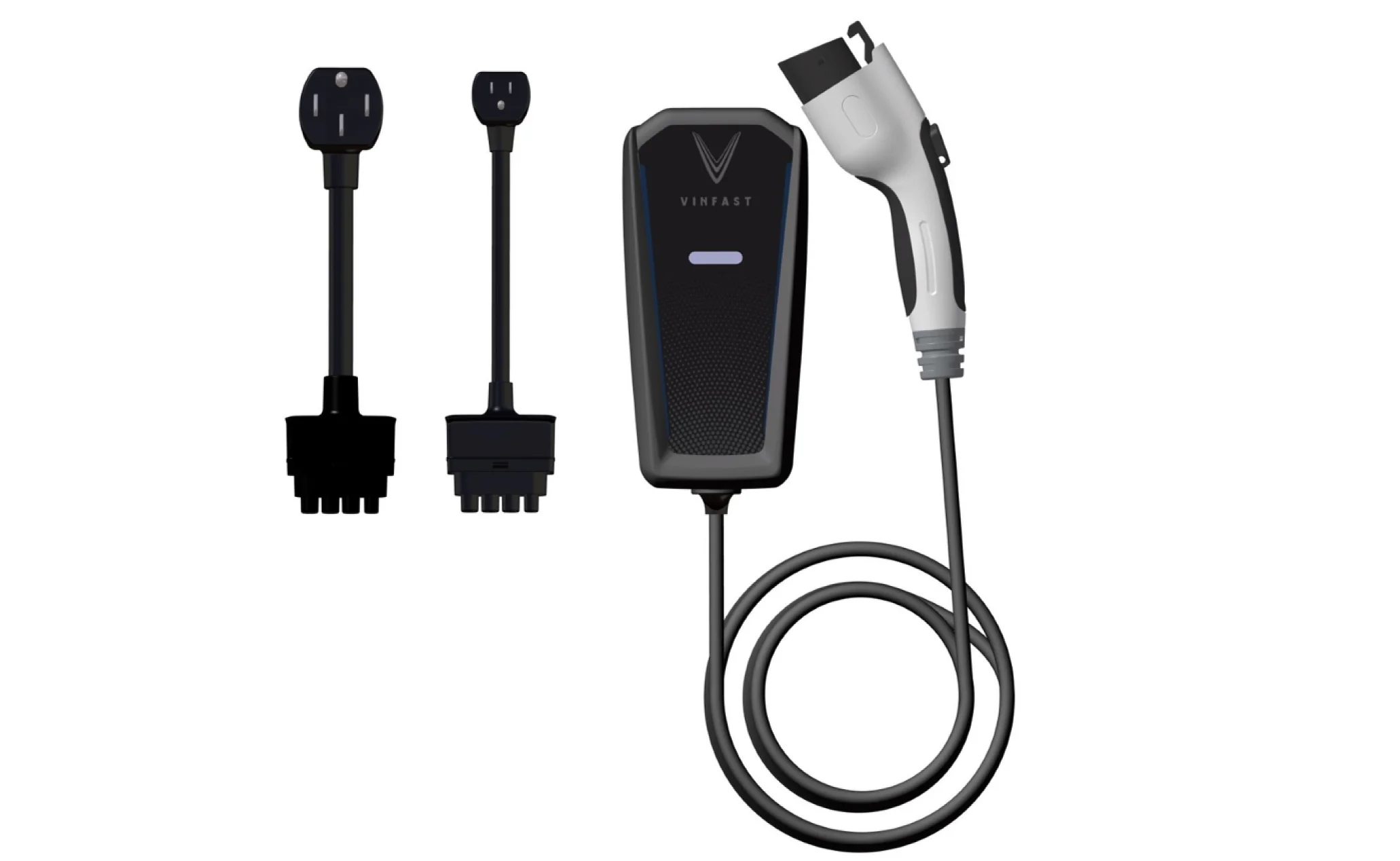 The VinFast portable charger, included with every vehicle purchase, comes with converters to provide convenient charging