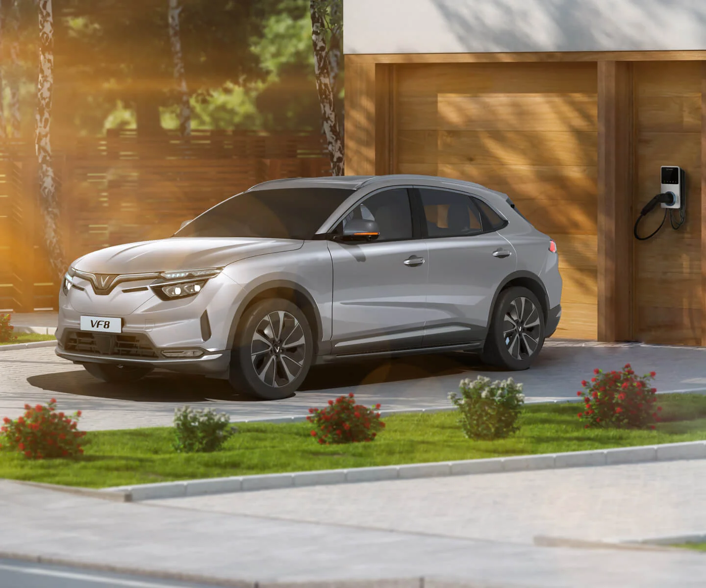 A sleek silver VF 8 parked near a home garage, equipped for both Level 2 AC Charging and Level 3 DC Fast Charging