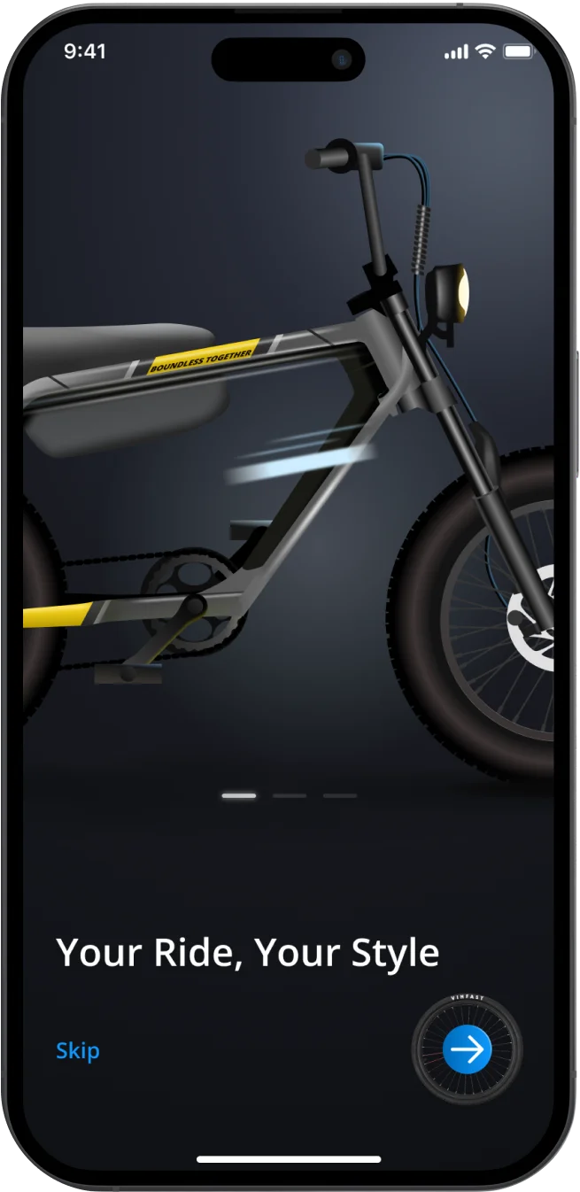 Smartphone screen allowing the user to pick their VinFast bike style preference