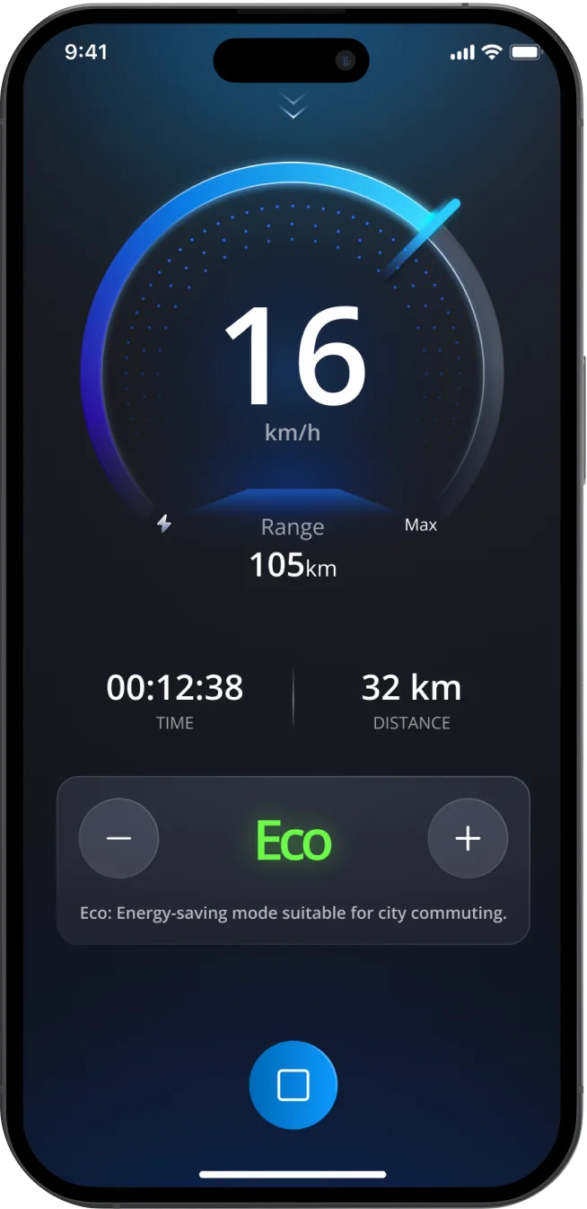 Smartphone screen displaying range, time, and distance available for the Eco VinFast bike