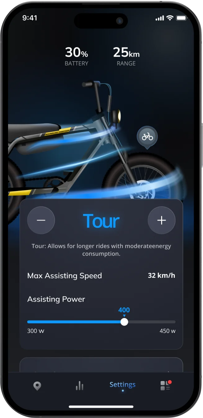 Smartphone screen displaying tour options for the VinFast bike, including speed and assisting power