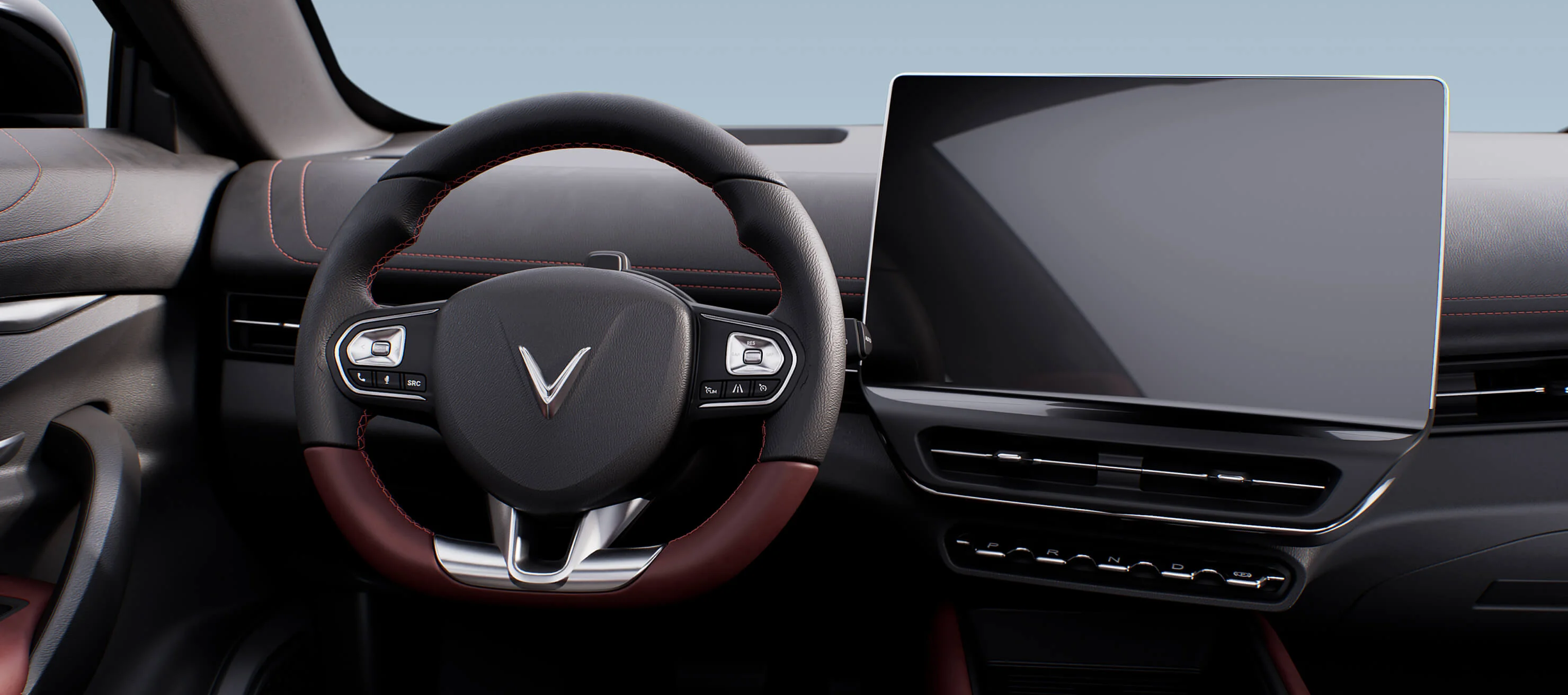 The VinFast VF 7 has a large infotainment screen and vegan leather interior