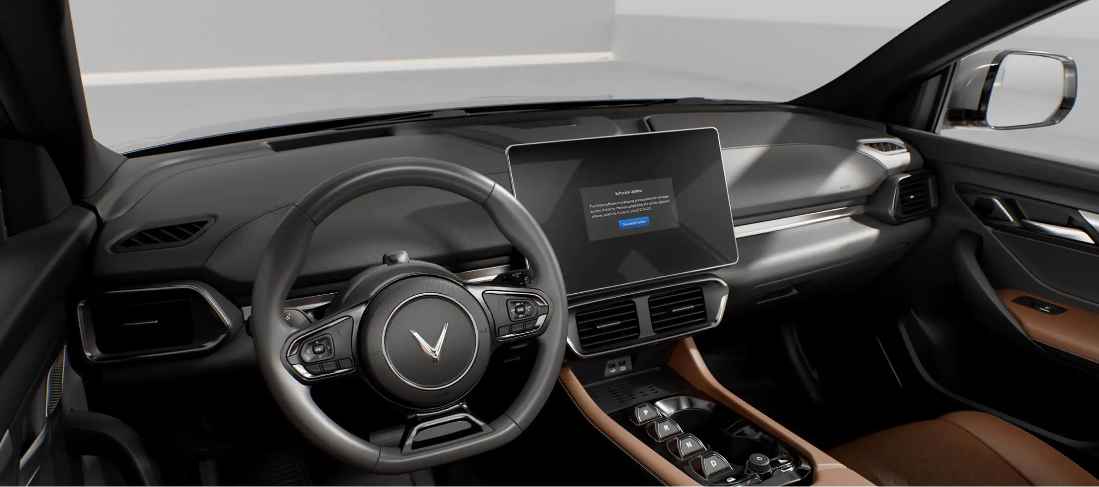 The VF 8 has a sleek, modern interior with an infotainment display and vegan leather seats